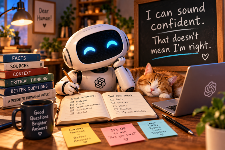 Illustration of a friendly AI robot reviewing facts and sources, reminding readers that a confident answer is not necessarily correct.